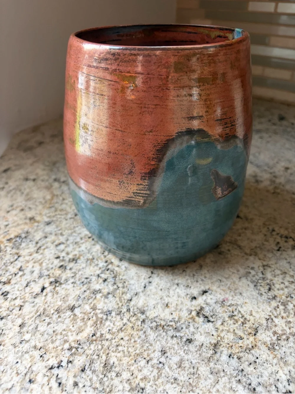 Studio Art VAMP Pottery Earthware Vase  Utensil Holder copper turquoise